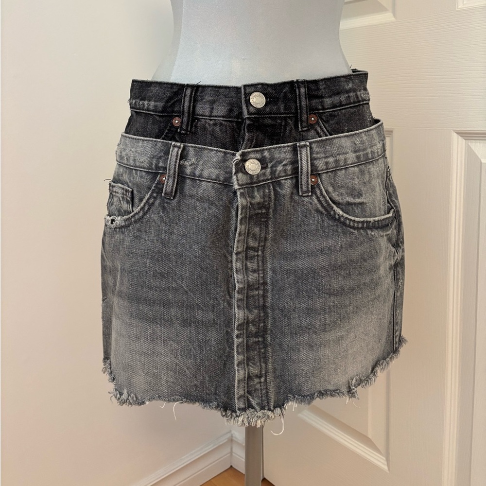 New Zara Double Waist Grey Denim Mini Skirt